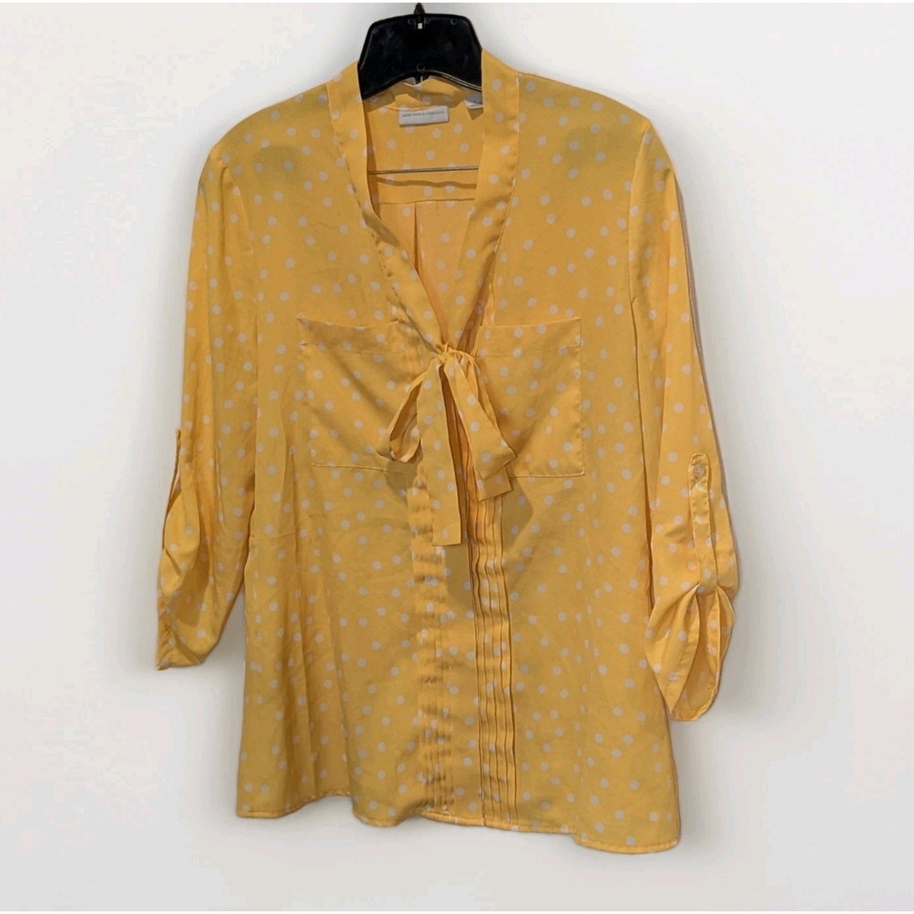 Coquette Cottagecore Polka Dot Bow Blouse Yellow Parisian Chic Top NY‎ & Co Sz M